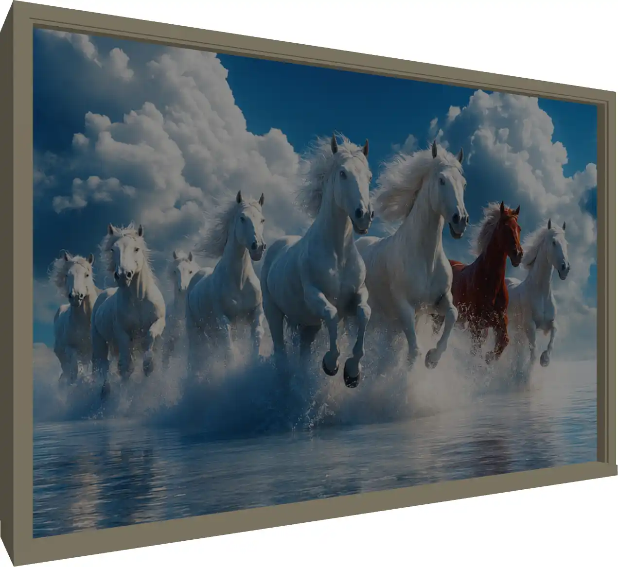 Premium Generative 7 Lucky White Horses Canvas — floater frame preview | PrintPosters.in